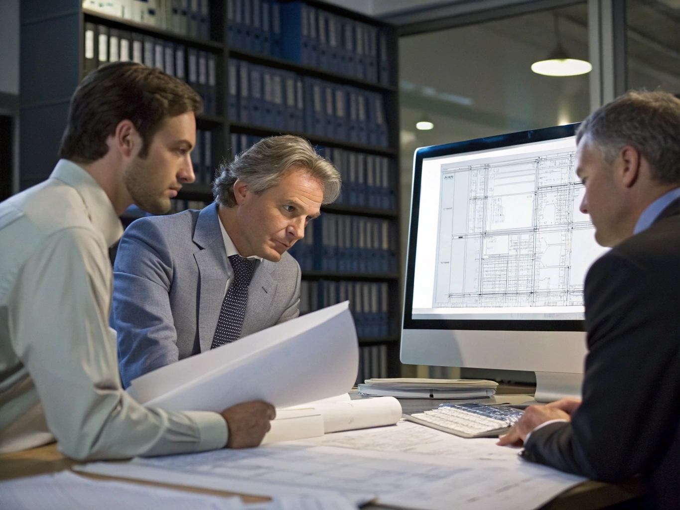 Team of professionals discussing architectural blueprints in an office setting.