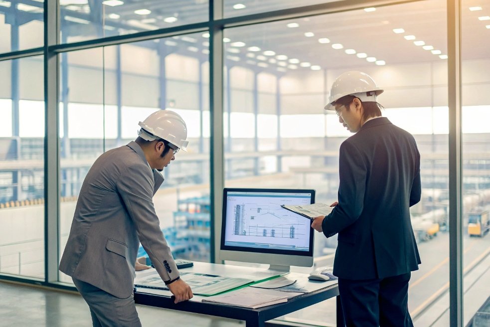 Engineers reviewing production capacity in a modern production facility.