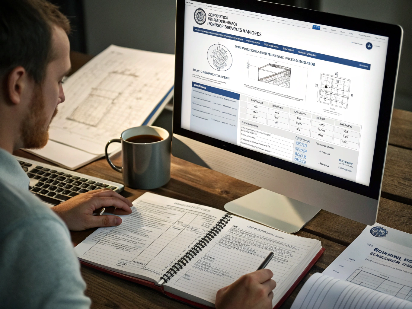 Engineer reviewing technical specifications and engineering drawings on a computer.