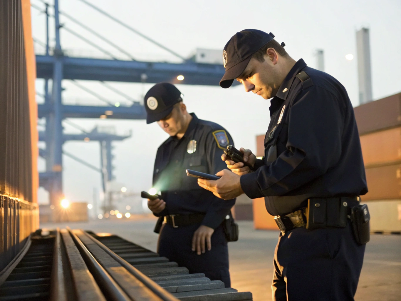 Customs officers inspecting cargo and checking shipment details at a port.