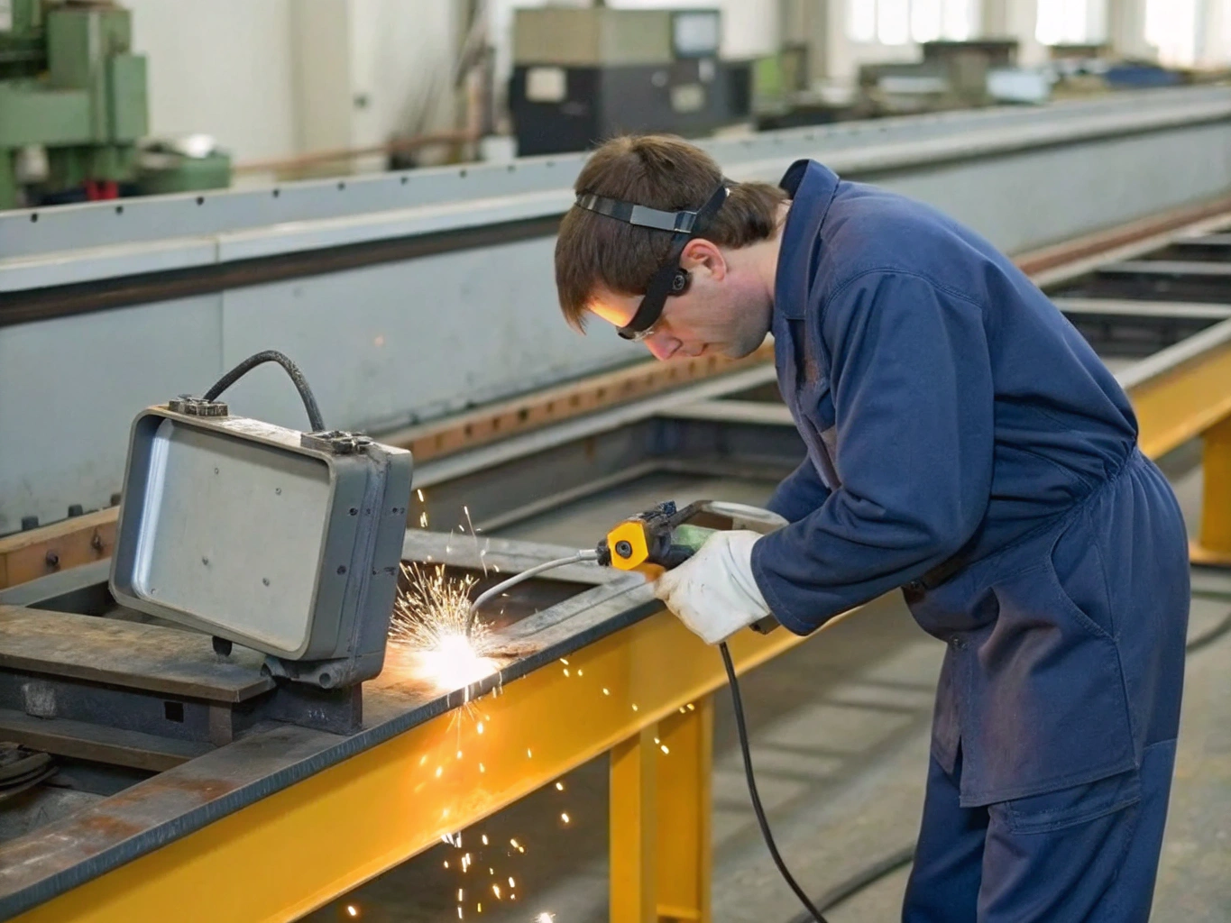 Welder working on a metal structure with sparks flying in an industrial workshop.