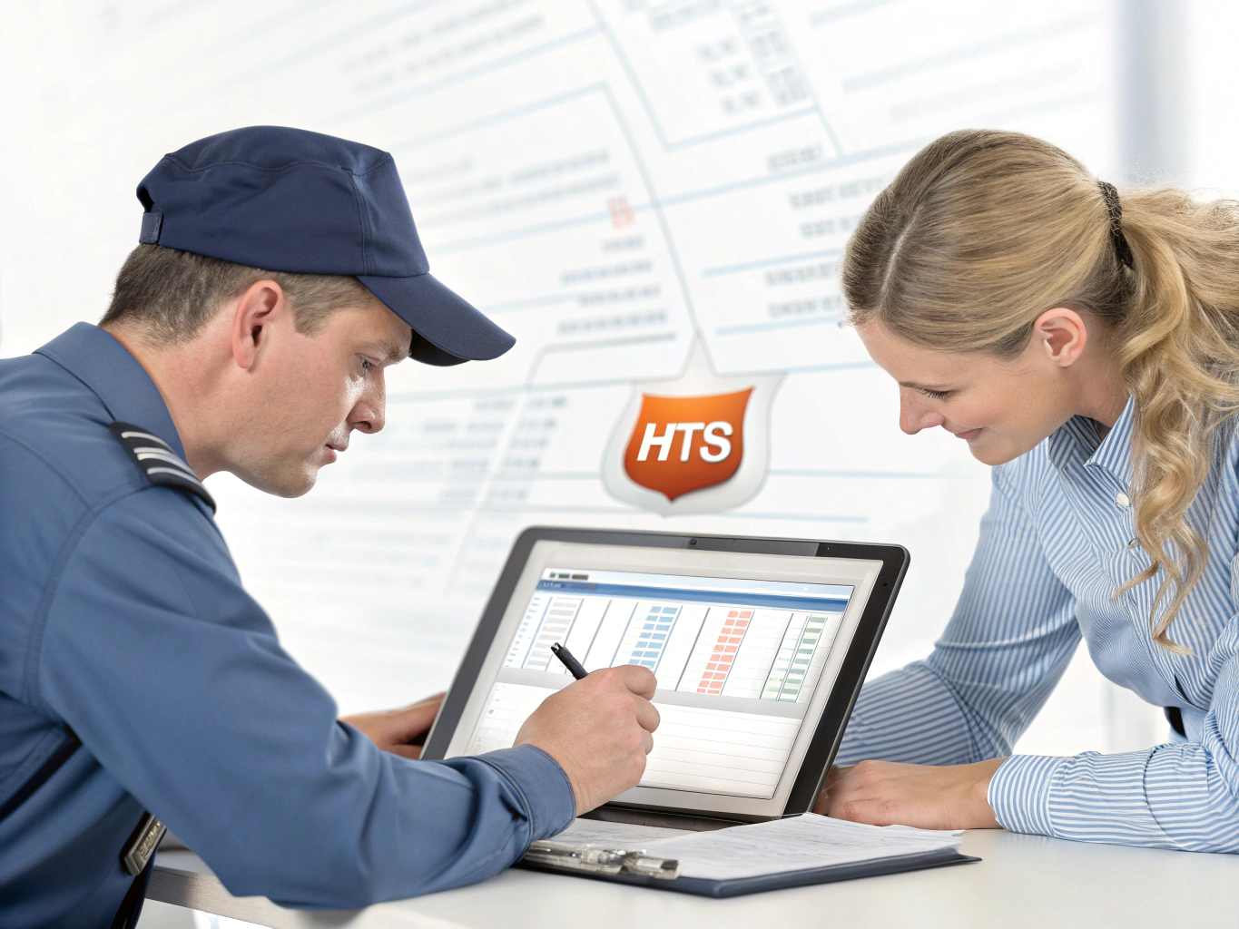 Customs official and trade specialist reviewing HTS tariff codes for imports