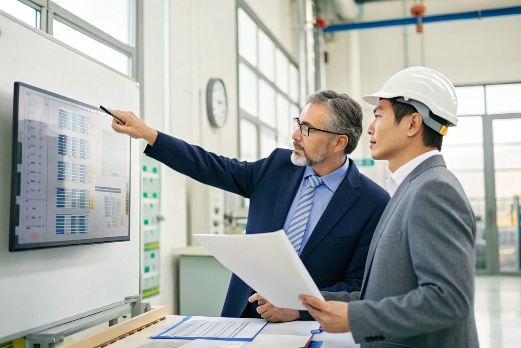 Engineer and manager analyzing production data on screen