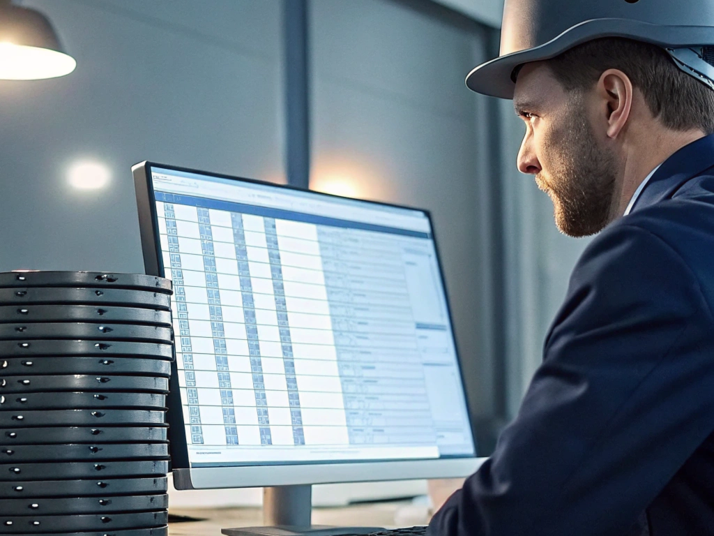 Industrial worker analyzing inventory data on computer screen in manufacturing setting