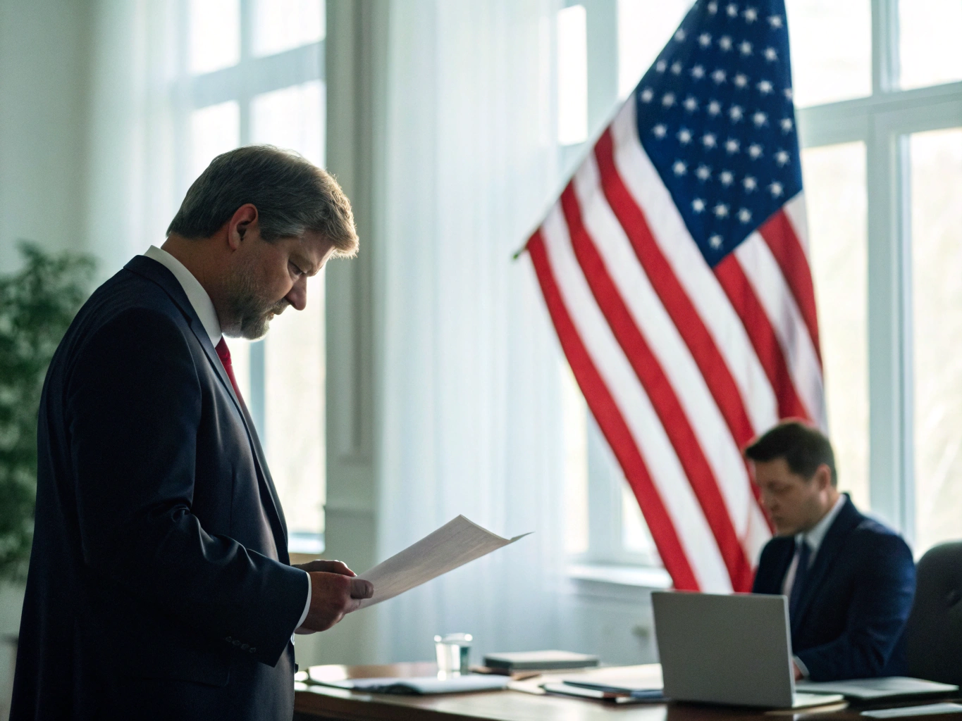 Government official reviewing trade documents in office with American flag background