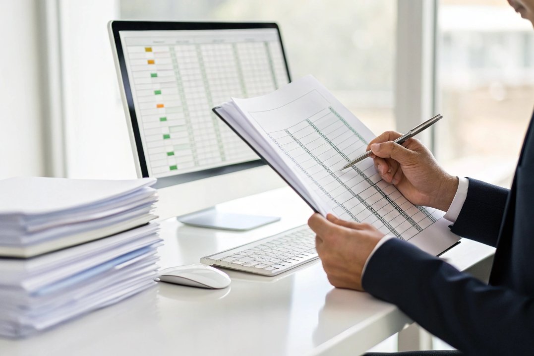 Businessman reviewing data sheets, analyzing supply chain, contract management