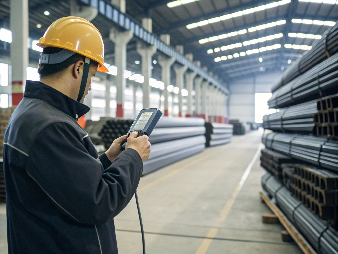 Warehouse worker inspecting materials using a digital device in an industrial setting.