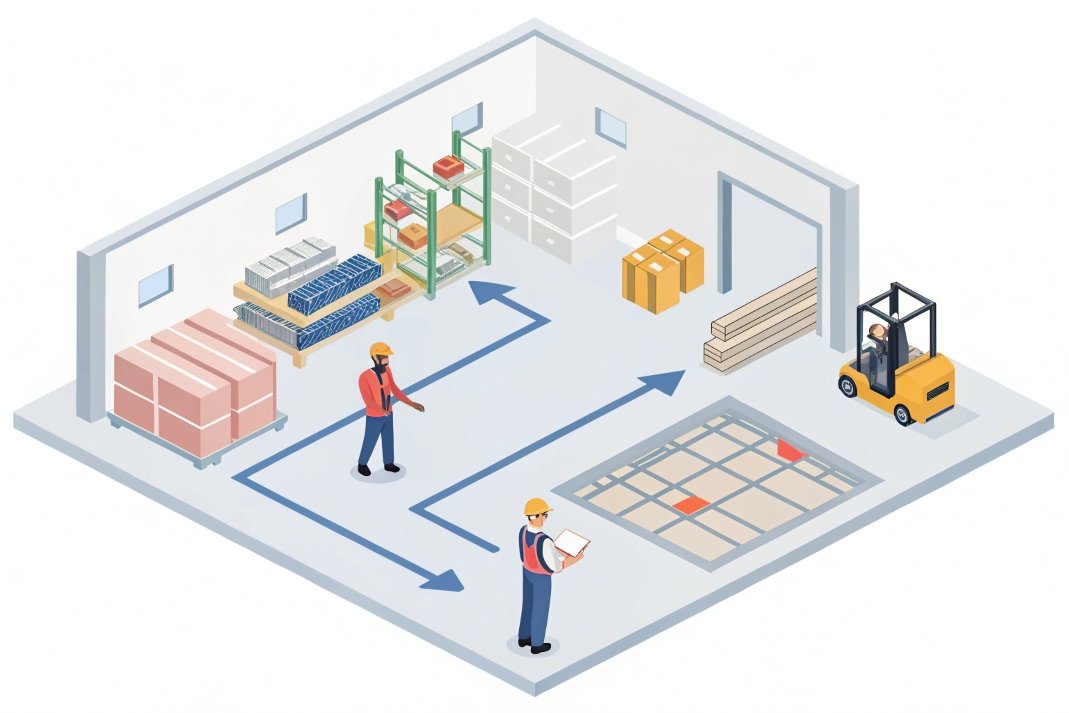 Warehouse logistics plan Warehouse layout diagram with material handling flow