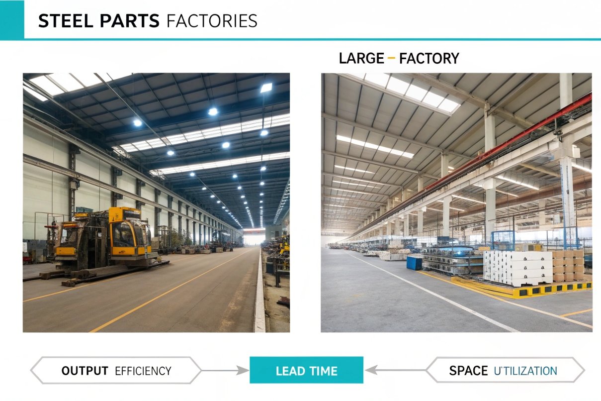 Comparison of steel part factory layouts emphasizing output and space utilization.