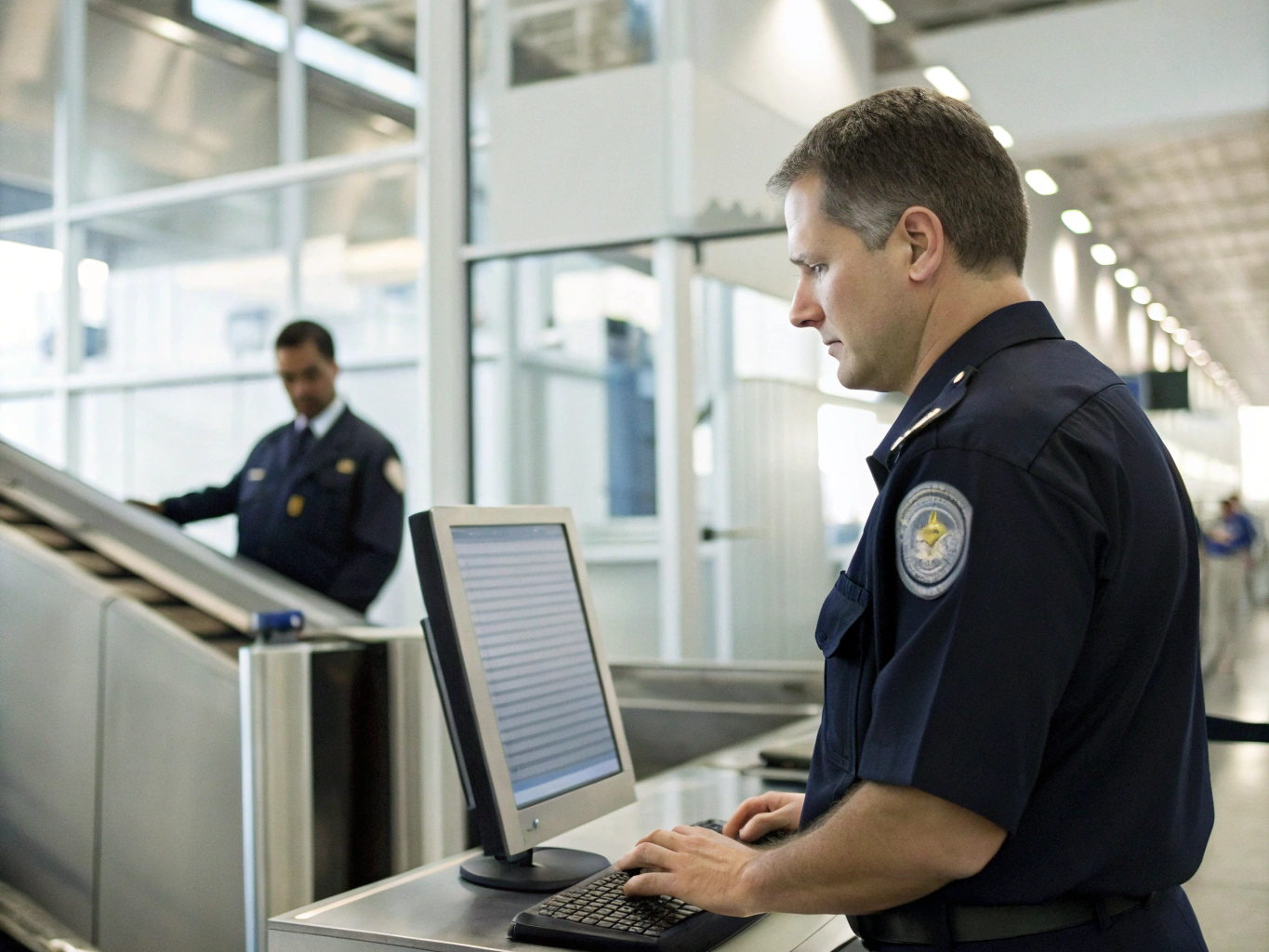 Airport security officer managing baggage inspection with computer.