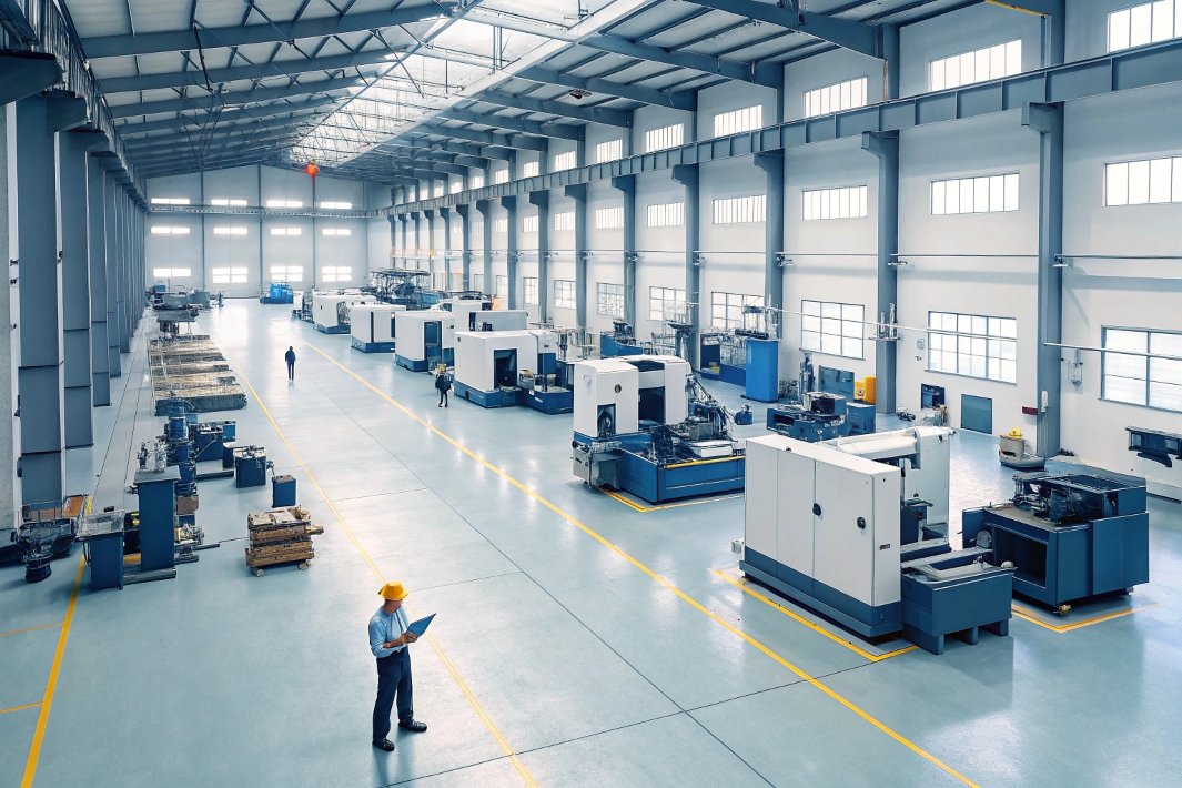 Modern CNC machine tools inside a large manufacturing facility