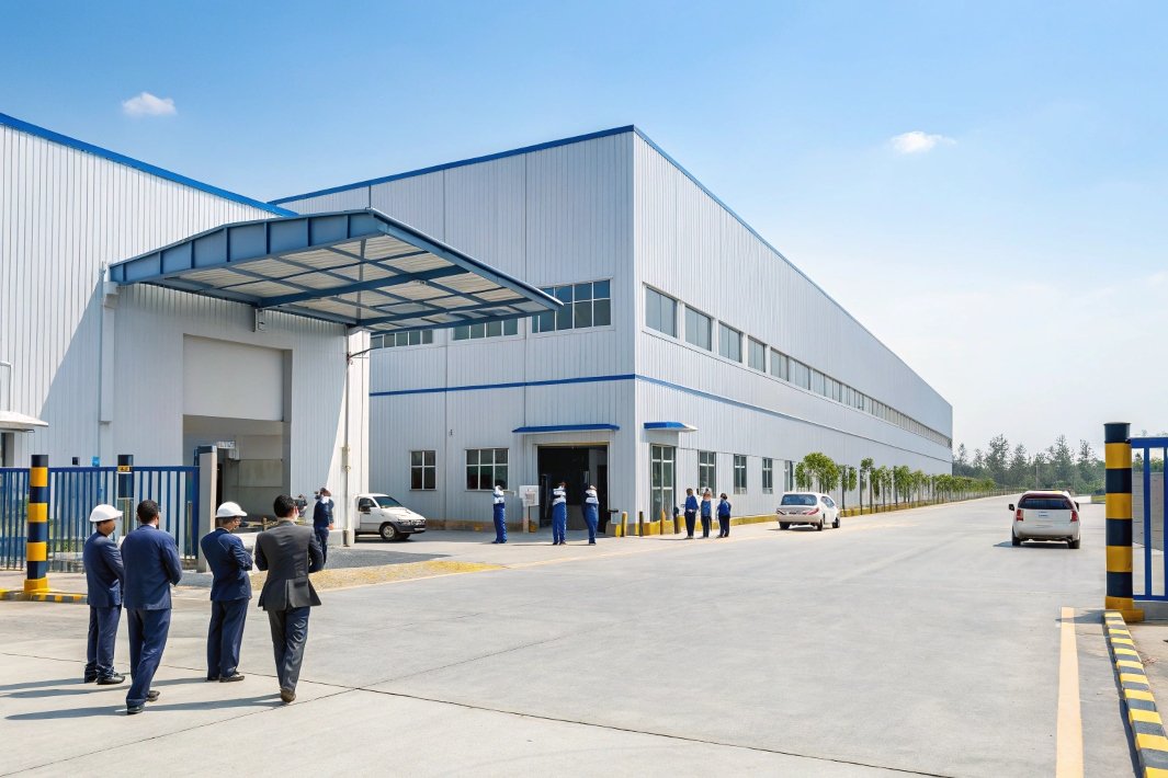Group of workers and managers outside a manufacturing plant