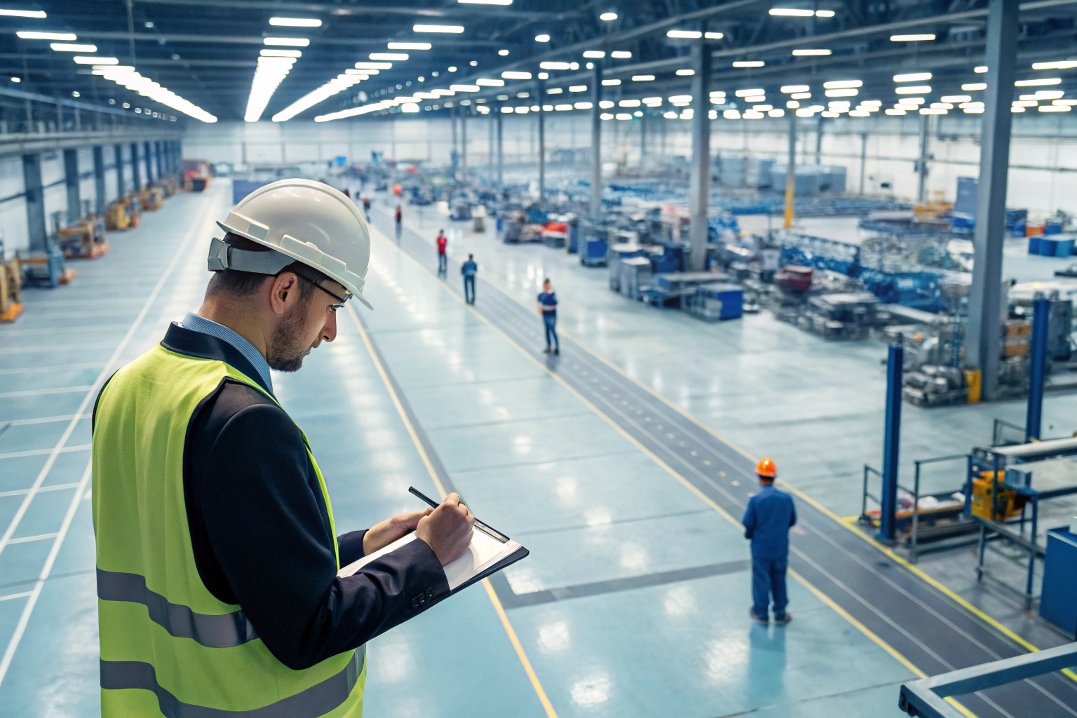 Factory inspection review Supervisor conducting factory floor inspection with clipboard