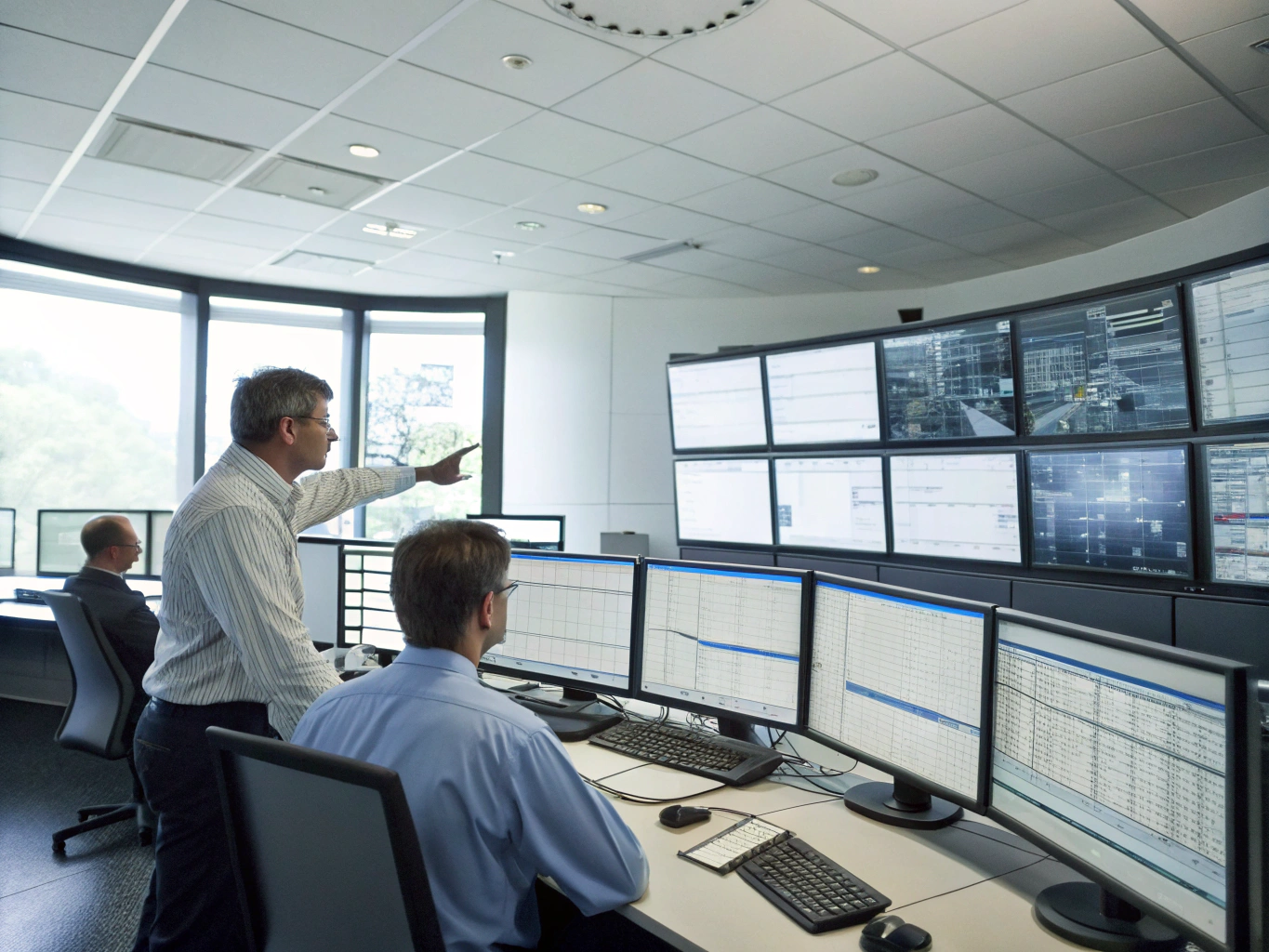 Control room team managing logistics using multiple computer monitors and data dashboards.