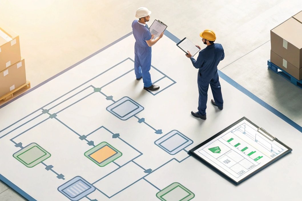 Process flow audit Engineers discussing supply chain process flow chart