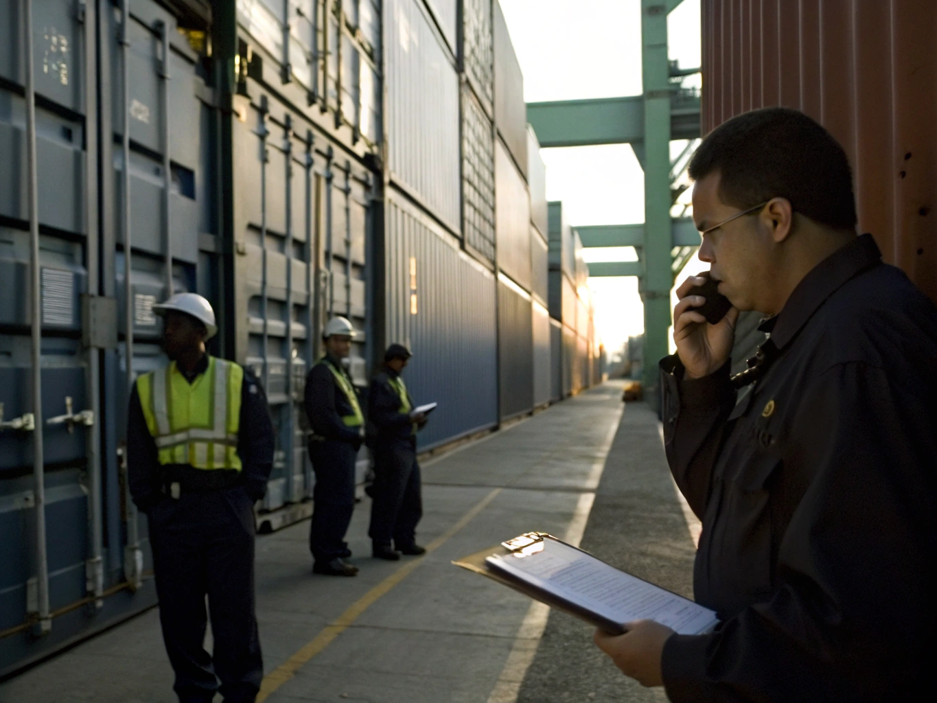 Port security officer communicating via radio while team inspects shipping containers.