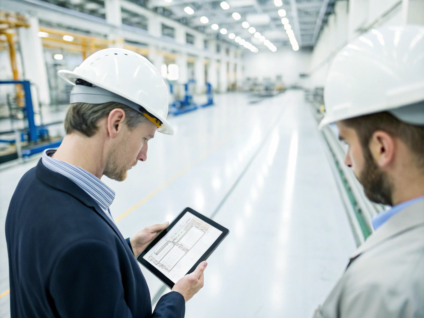 Engineers reviewing plans and blueprints on a tablet in a manufacturing environment.