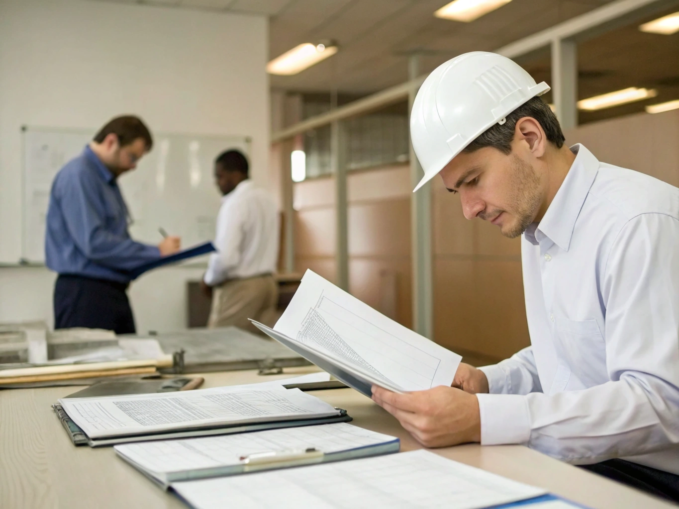 Engineer reviewing blueprints in an office with colleagues discussing technical plans.