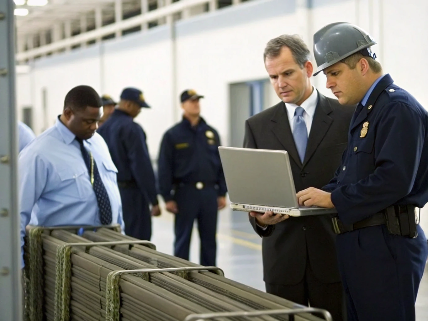 Business professionals and security personnel discussing logistics and materials in a warehouse setting.