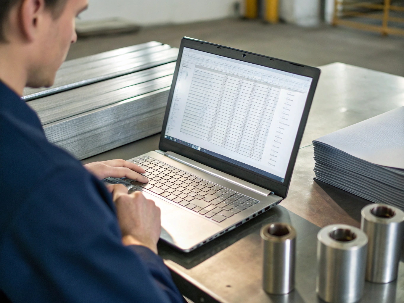 Worker entering inventory data on laptop beside stacked metal components.
