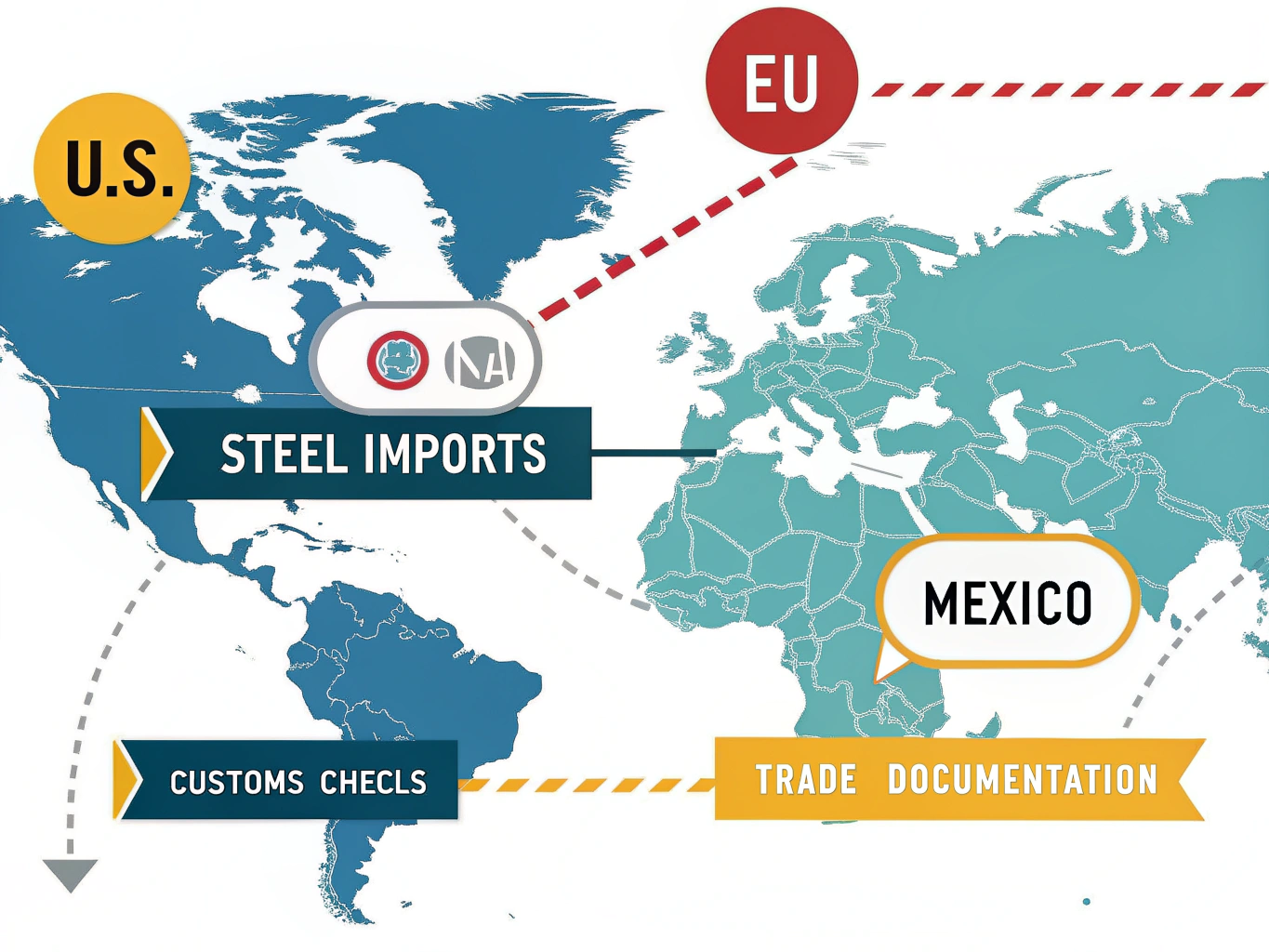 Global supply chain map showing steel import flows and trade documentation