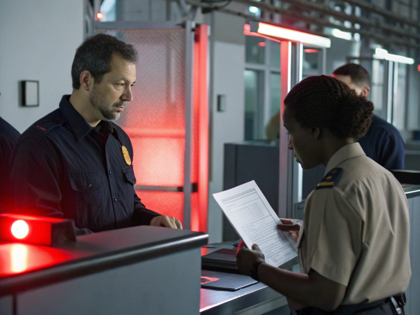 Customs officer reviewing documentation at checkpoint