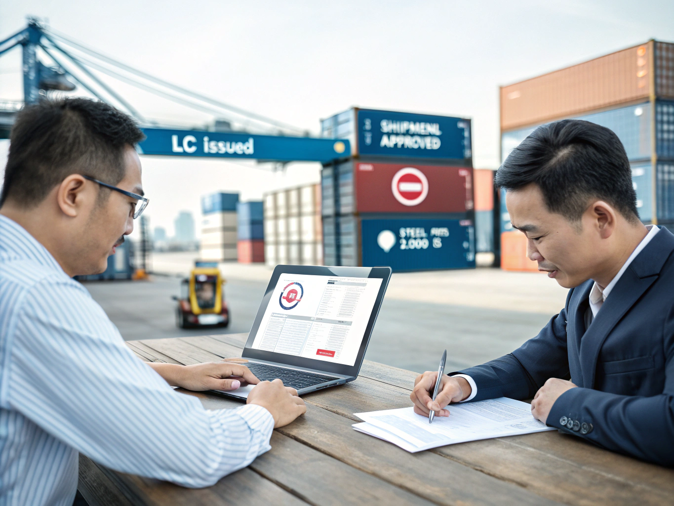 Logistics team reviewing export documents at port