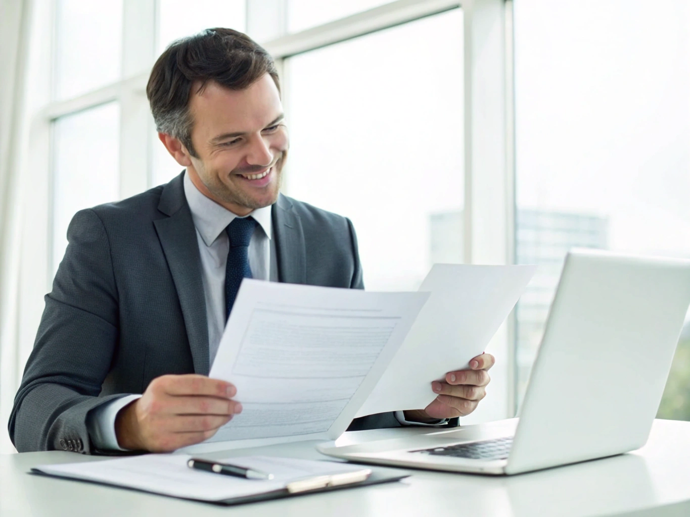 Businessman analyzing industrial contract documents