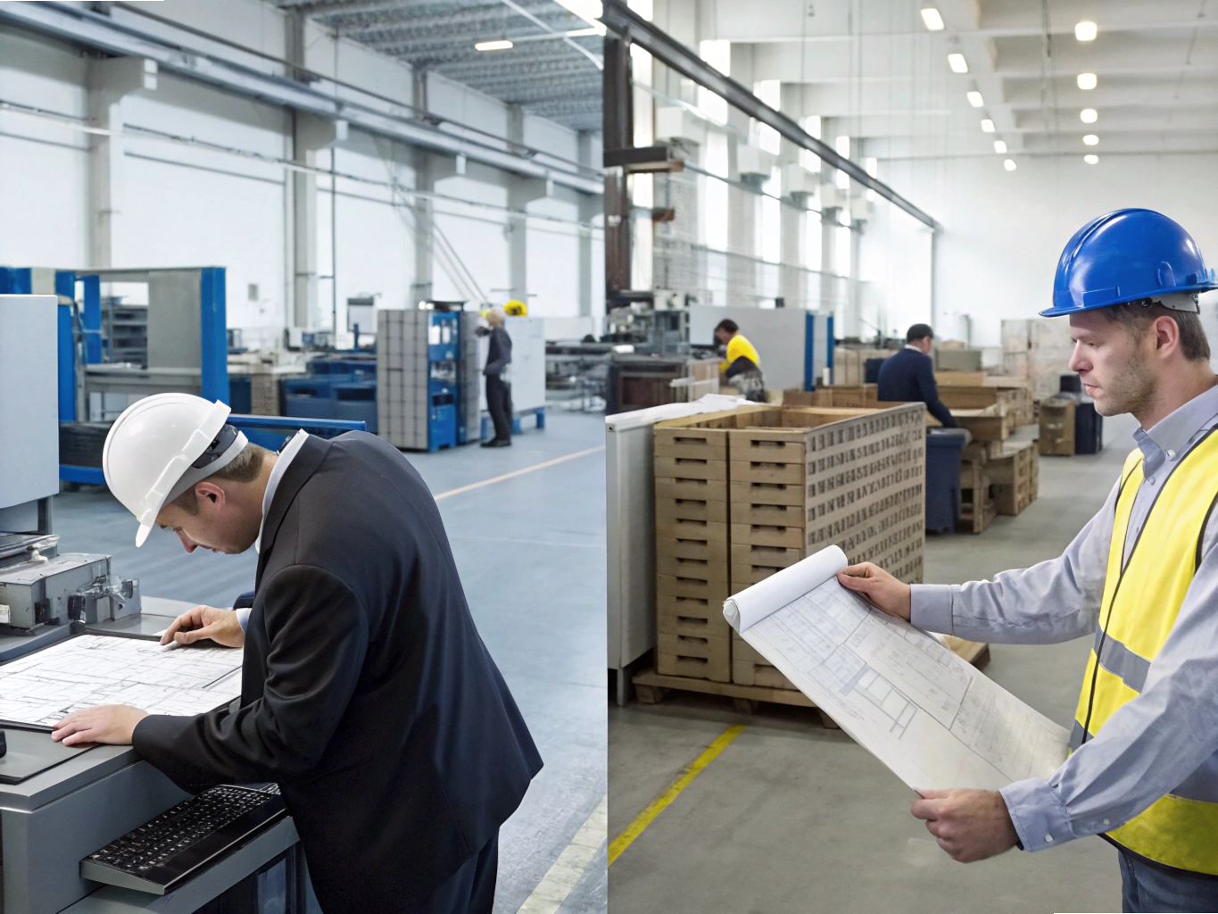 Engineers reviewing blueprints in factory