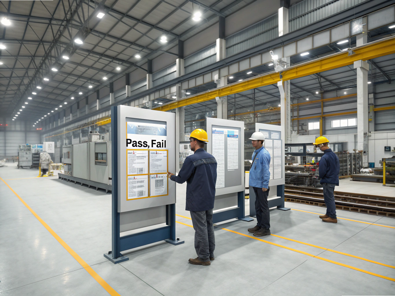 Factory workers reviewing pass and fail reports
