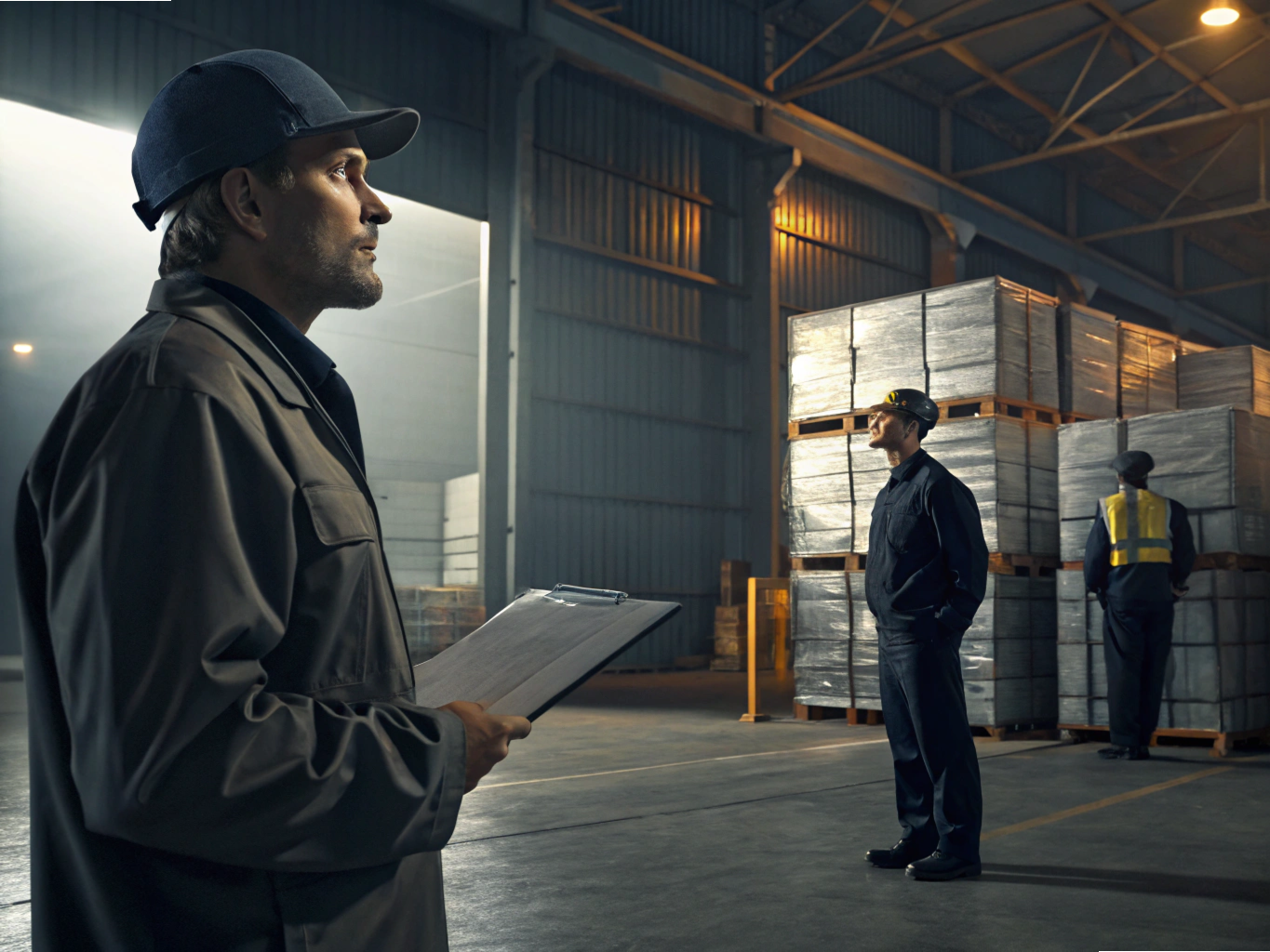 Warehouse supervisors inspecting shrink-wrapped pallets under low light
