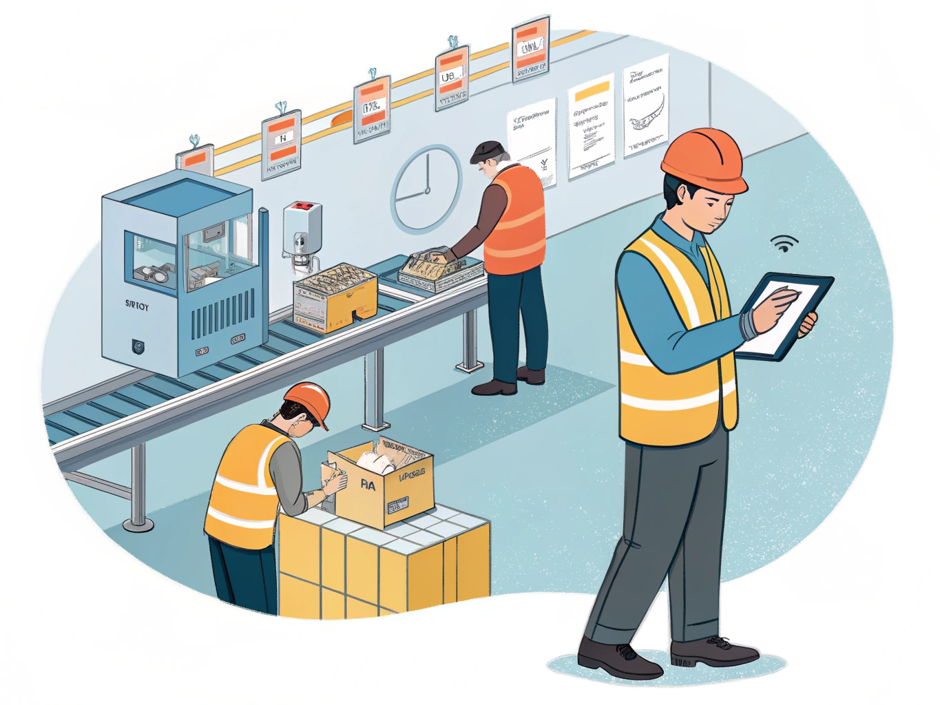 Illustration of workers conducting packing inspection