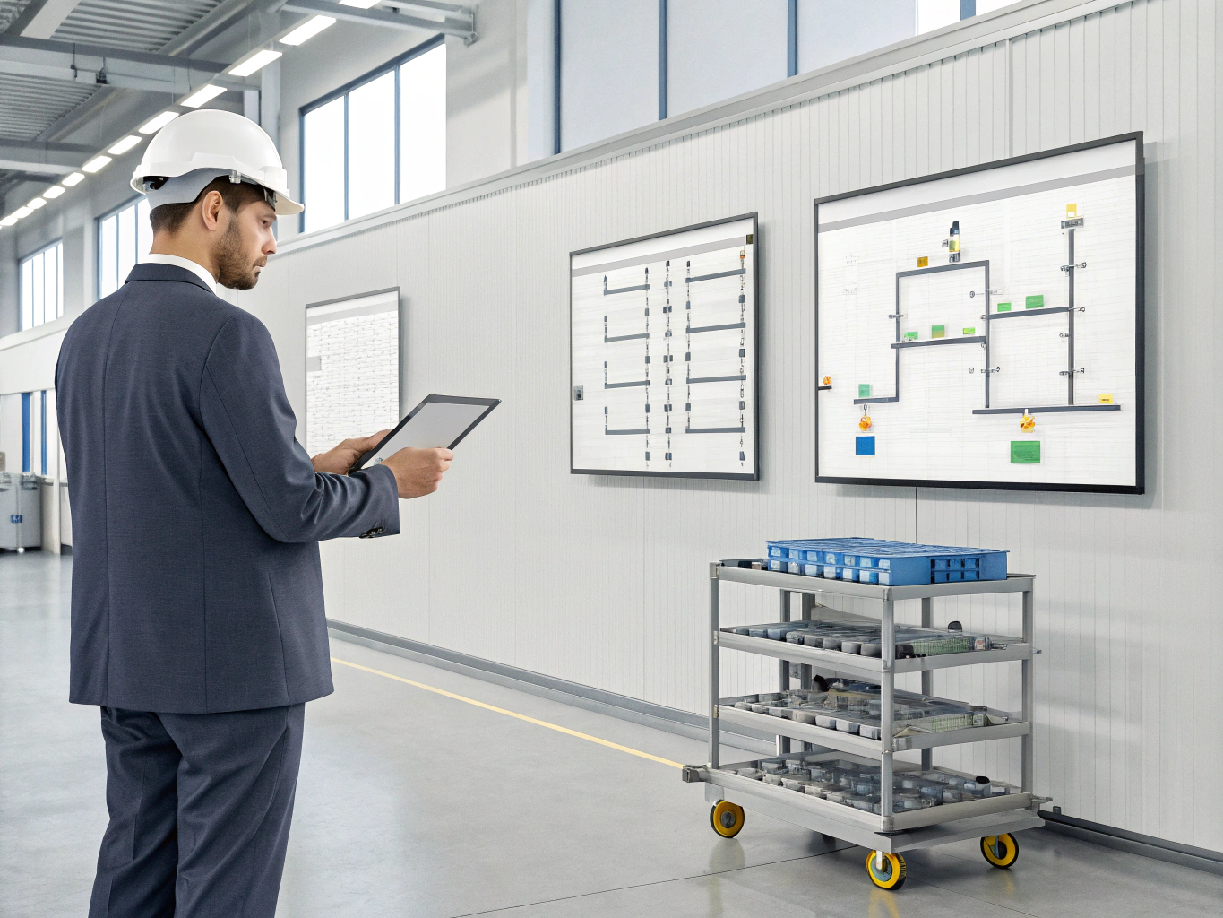 Engineer analyzing production flow chart on tablet
