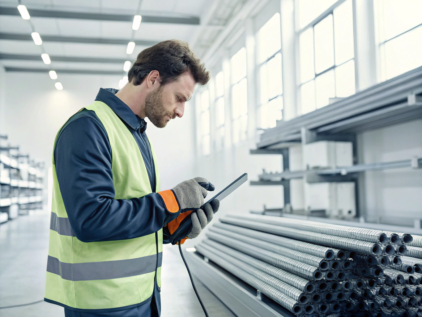 Worker scanning steel rods in inventory