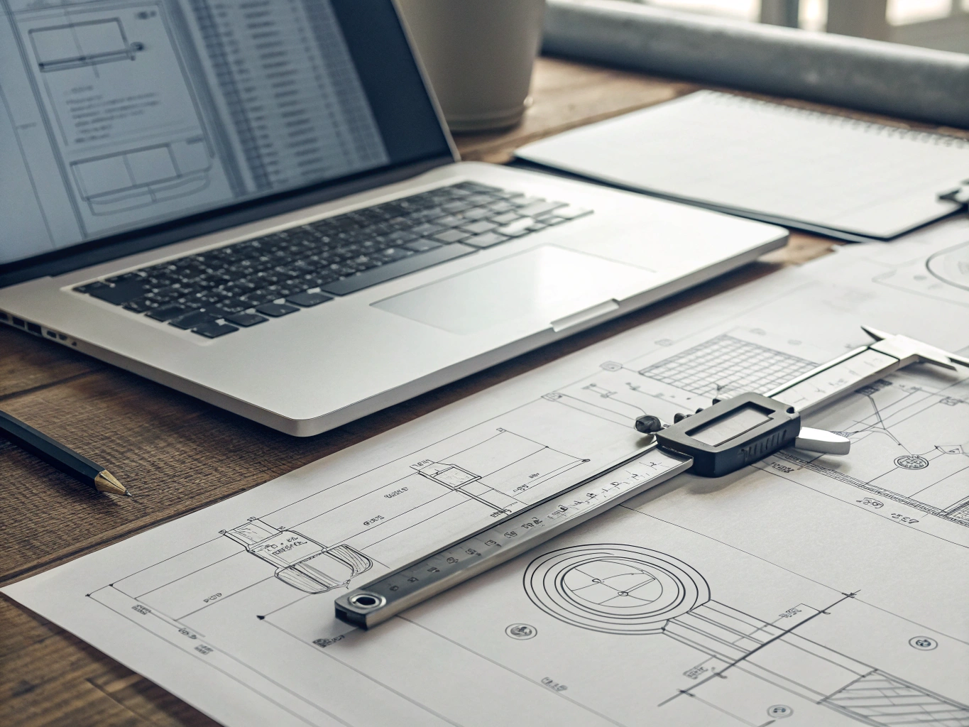 Digital caliper and CAD drawing on desk