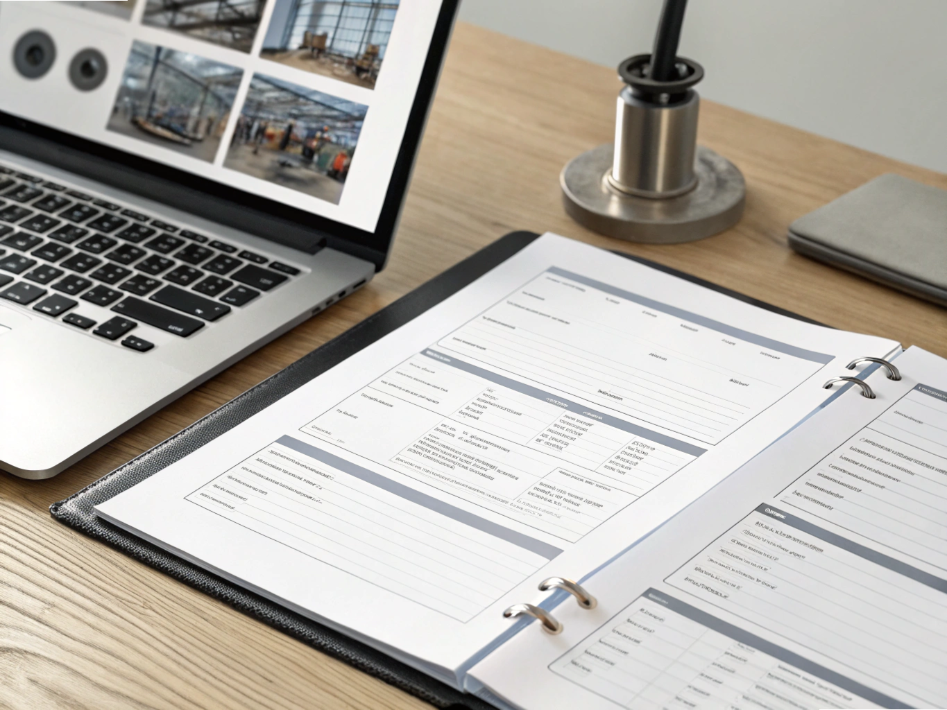 Project documentation and construction photos on desk