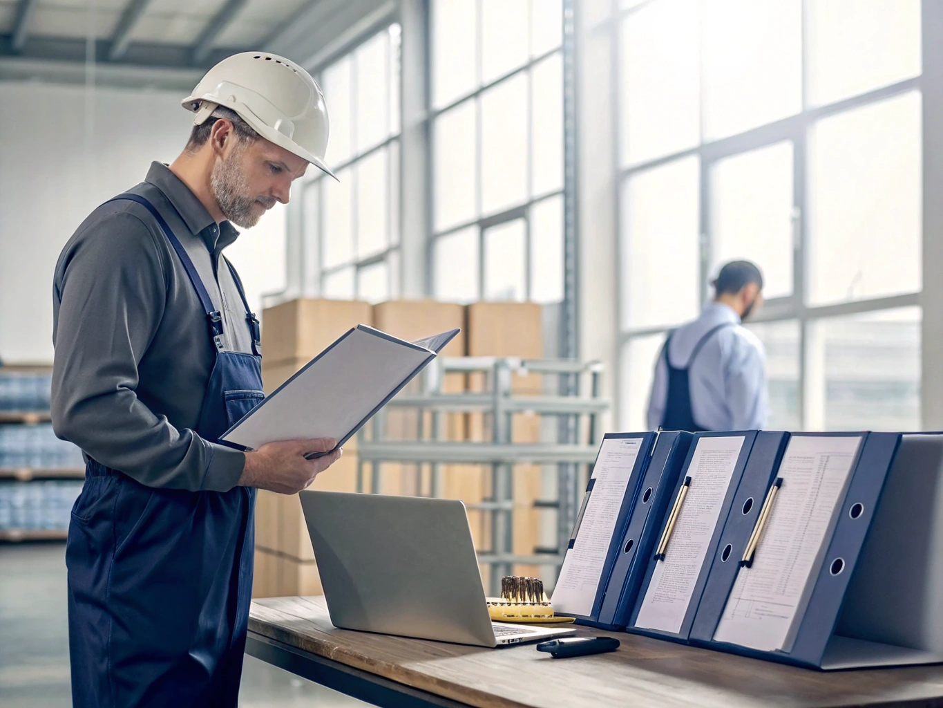 Factory supervisor reviewing quality control documents
