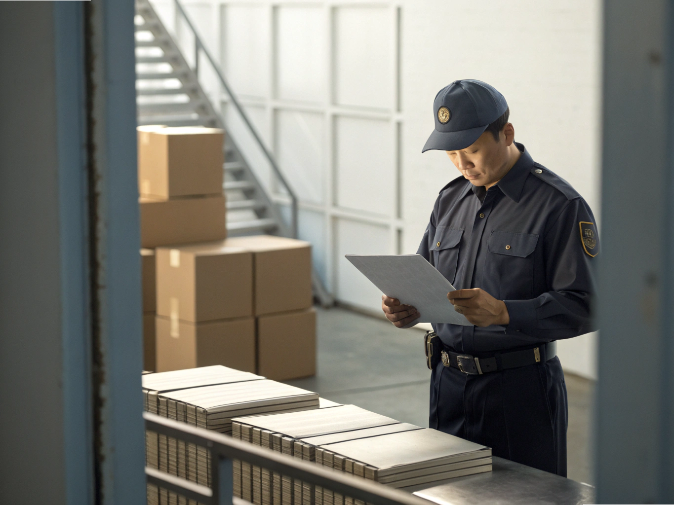 Customs officer checking documents near packages