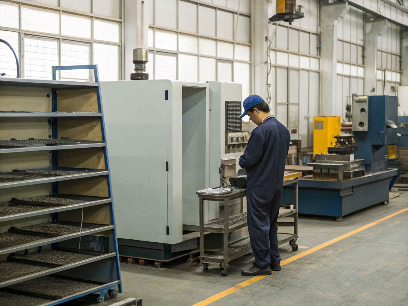 Technician working on factory floor machine