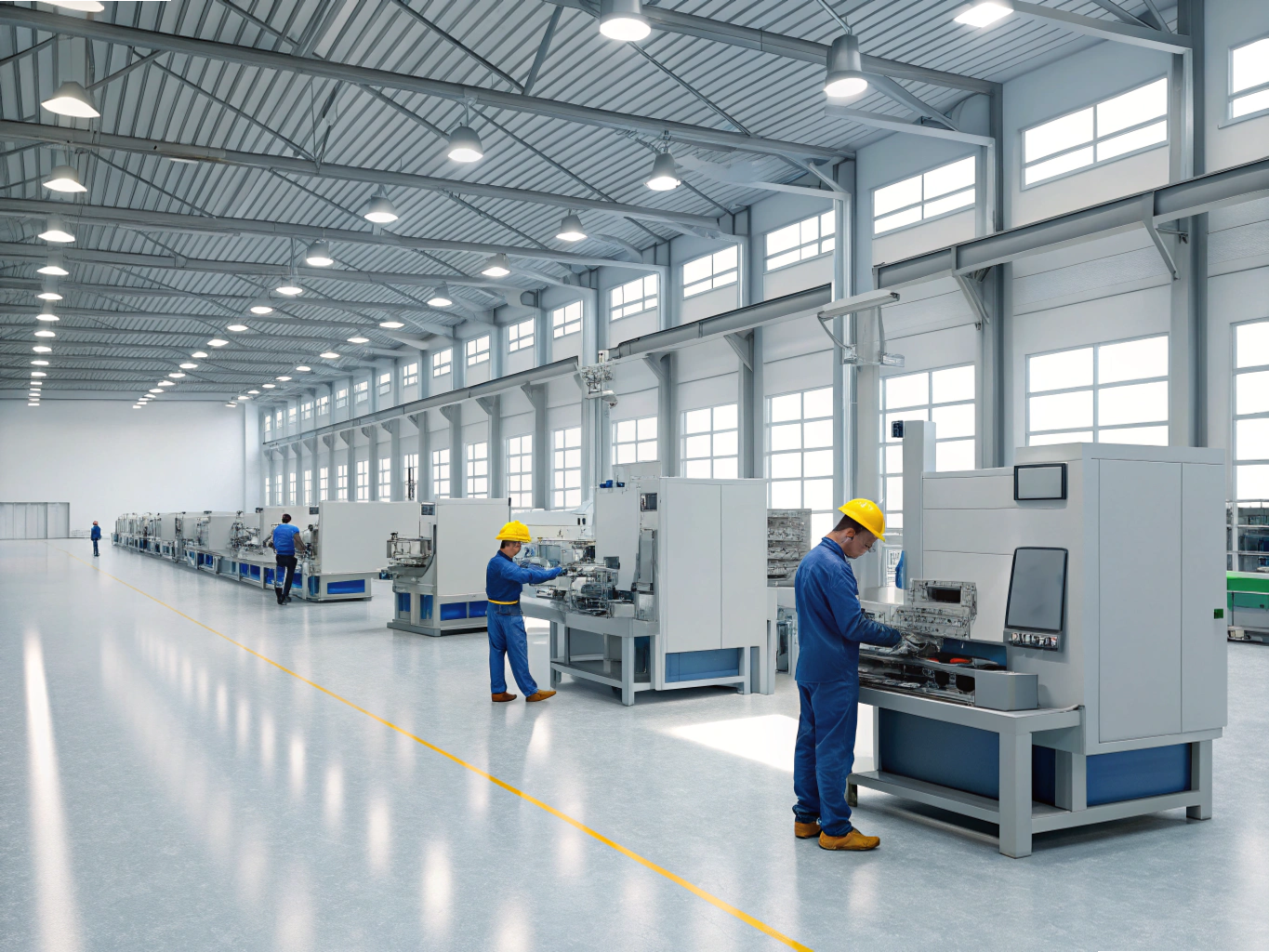 Technicians operating CNC machines in factory