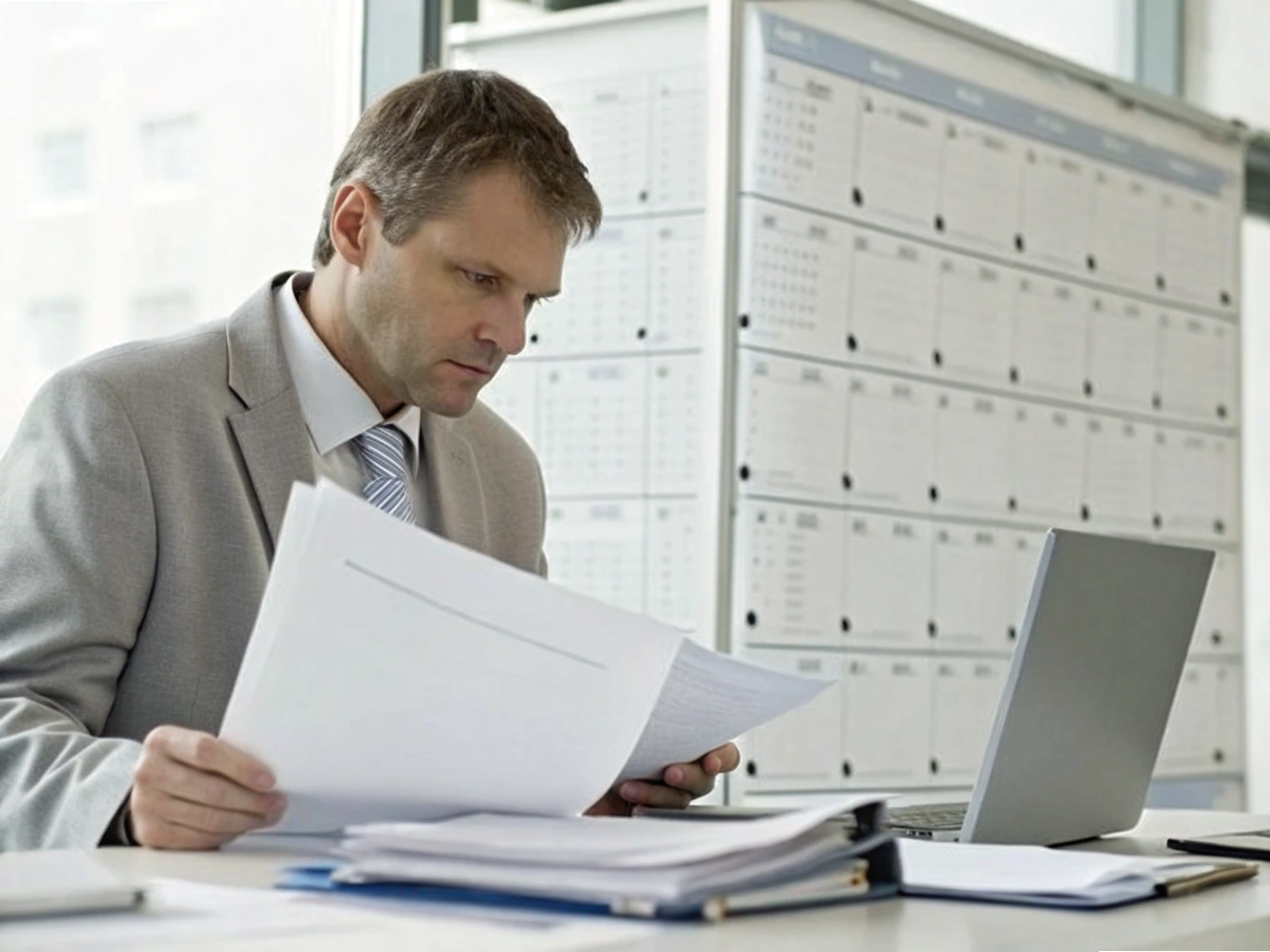 Manager reviewing supply chain paperwork