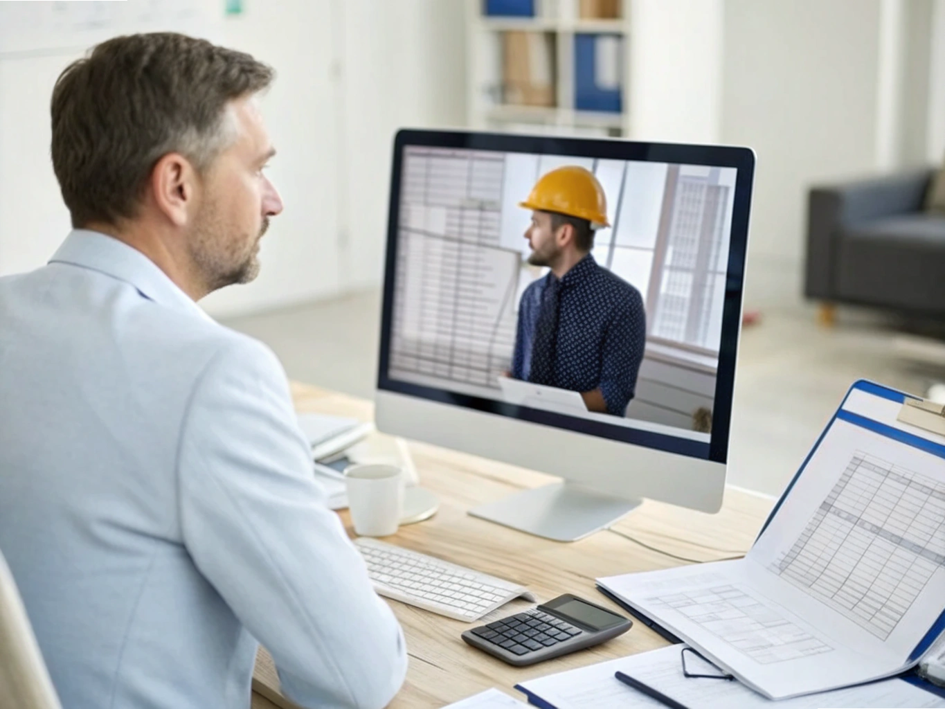 Manager in video call with factory engineer