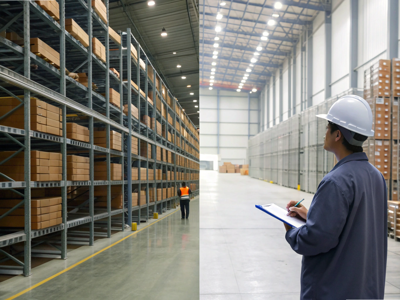 Inspector reviewing stock levels in warehouse