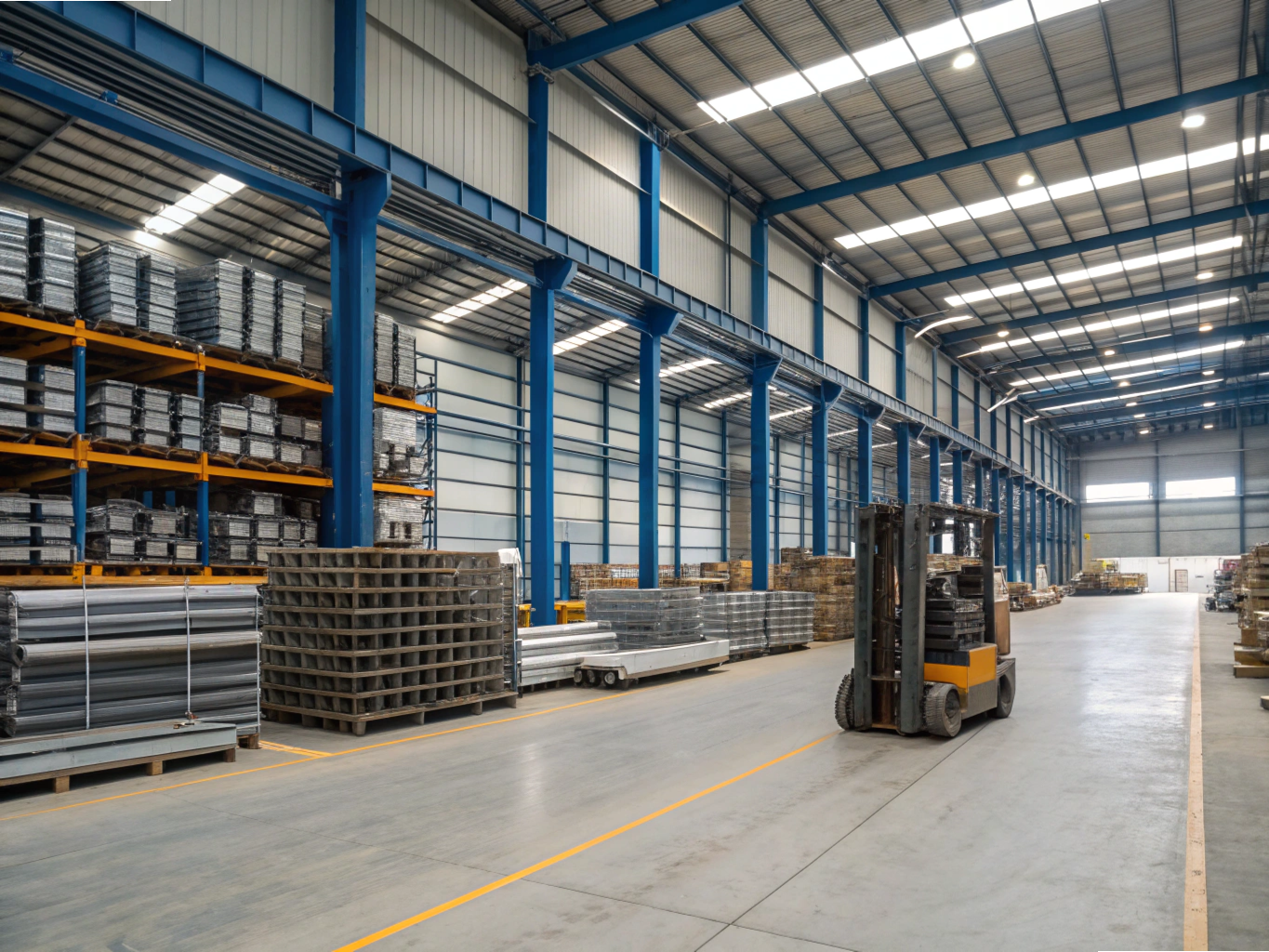 Warehouse with stacked metal parts and forklift