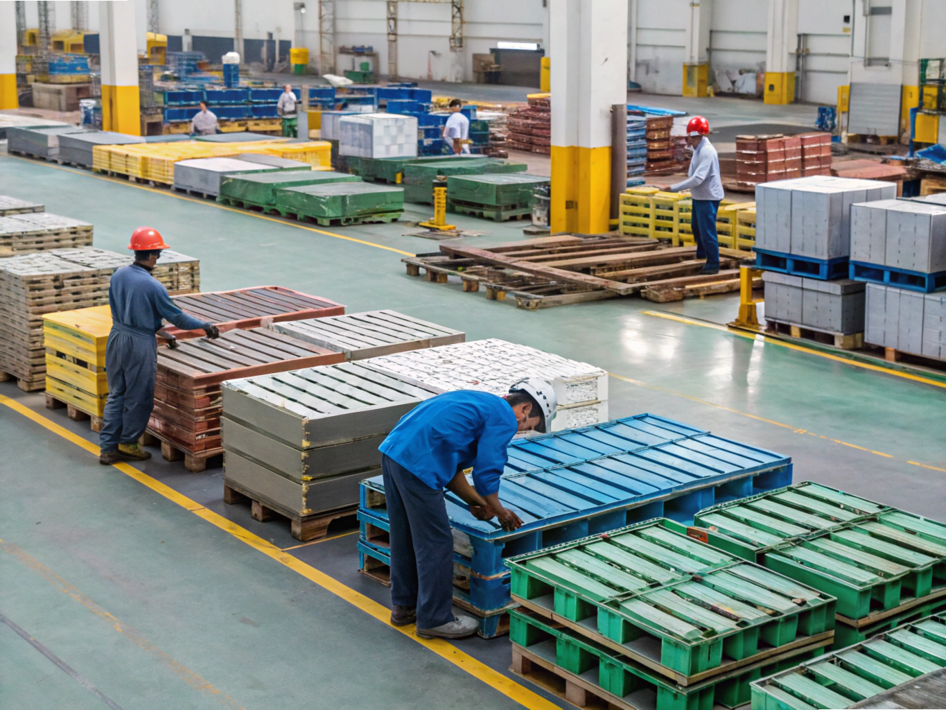 Workers sorting metal pallets in warehouse