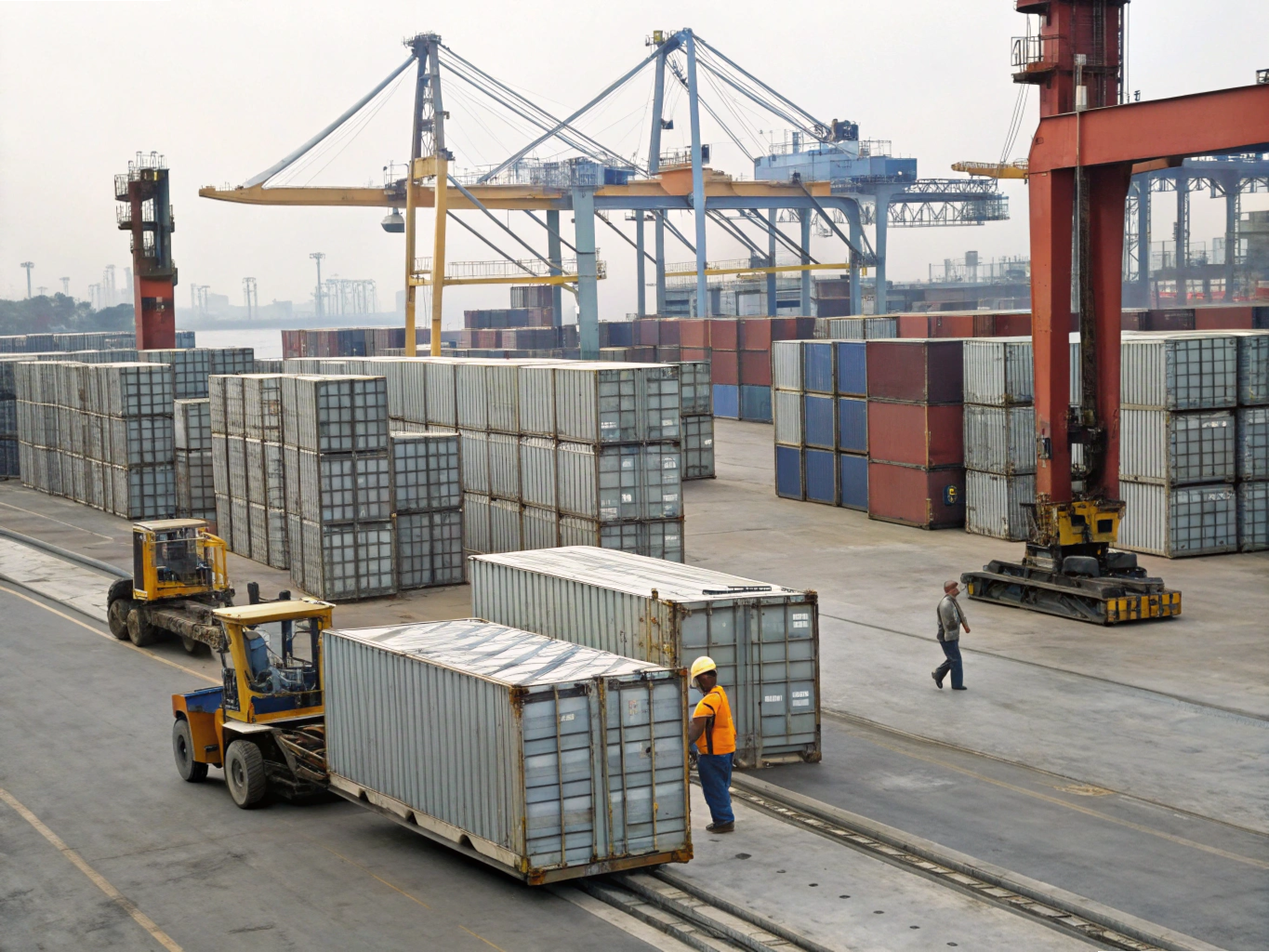 Shipping containers loaded at busy seaport