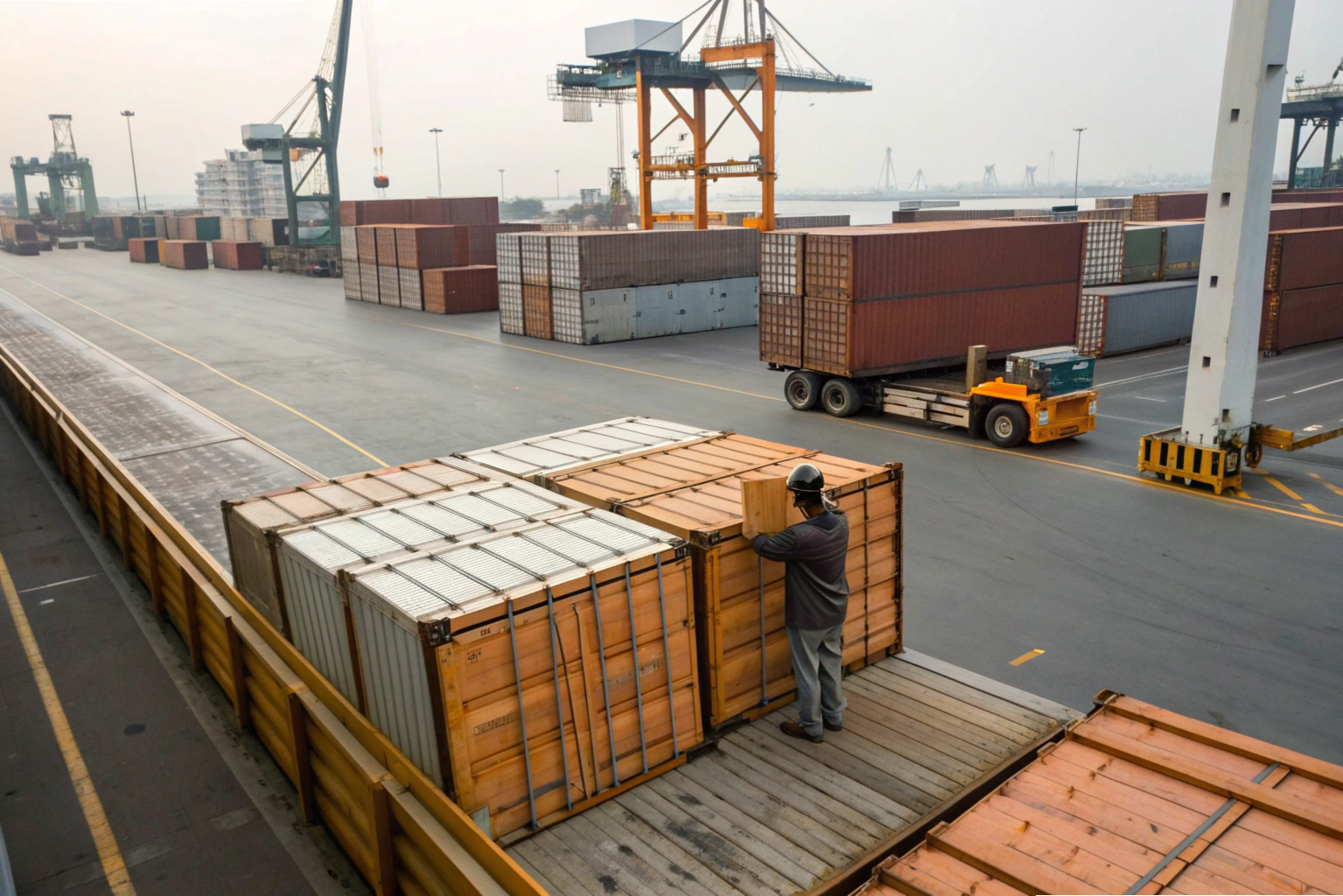 Supervisor inspecting export containers at seaport