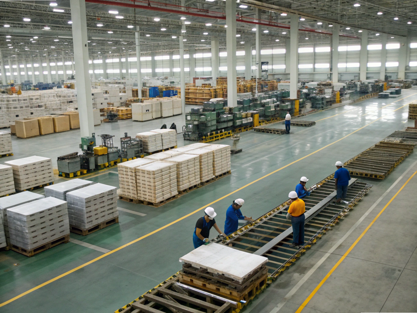 Workers assembling export shipments in factory