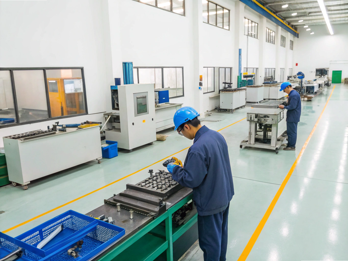 Technicians inspecting custom mold components
