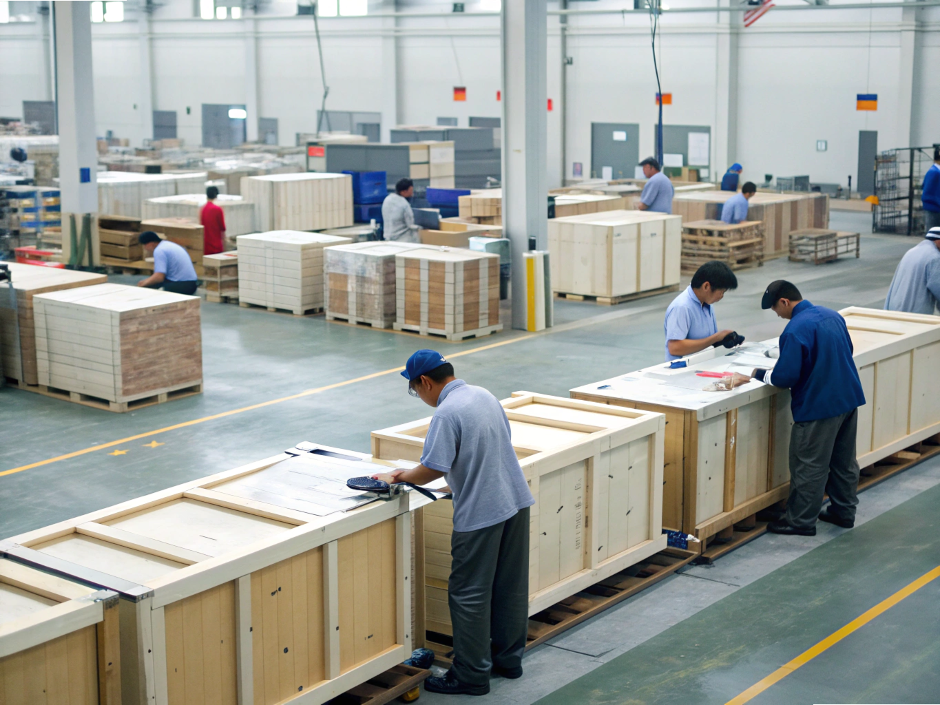 Workers packing wooden export crates